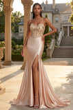 Strapless Champagne Mermaid Corset Satin Long Prom Dress with Slit