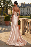 Strapless Champagne Mermaid Corset Satin Long Prom Dress with Slit