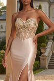 Strapless Champagne Mermaid Corset Satin Long Prom Dress with Slit