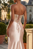 Strapless Champagne Mermaid Corset Satin Long Prom Dress with Slit