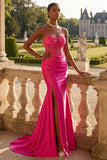 Fuchsia Mermaid Sheer Corset Long Prom Dress with Slit