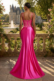 Fuchsia Mermaid Sheer Corset Long Prom Dress with Slit