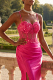 Fuchsia Mermaid Sheer Corset Long Prom Dress with Slit