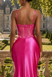 Fuchsia Mermaid Sheer Corset Long Prom Dress with Slit
