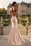 Strapless Champagne Mermaid Beaded Long Prom Dress with Slit