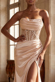 Strapless Champagne Mermaid Beaded Long Prom Dress with Slit