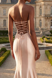 Strapless Champagne Mermaid Beaded Long Prom Dress with Slit