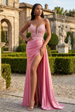 Pink Mermaid Spaghetti Straps Appliqued Long Prom Dress with Slit