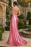 Pink Mermaid Spaghetti Straps Appliqued Long Prom Dress with Slit