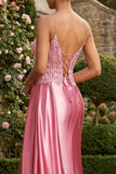 Pink Mermaid Spaghetti Straps Appliqued Long Prom Dress with Slit