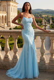 Mermaid Blue Spaghetti Straps Long Prom Dress with Lace Up Back