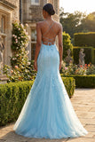 Mermaid Blue Spaghetti Straps Long Prom Dress with Lace Up Back