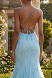 Mermaid Blue Spaghetti Straps Long Prom Dress with Lace Up Back