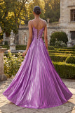 Purple Pleated A Line Spaghetti Straps Long Prom Dress with Slit