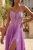 Purple Pleated A Line Spaghetti Straps Long Prom Dress with Slit