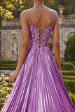 Purple Pleated A Line Spaghetti Straps Long Prom Dress with Slit