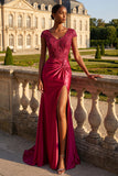 Burgundy Ruched Mermaid Lace Up Back Long Prom Dress with Slit