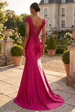 Burgundy Ruched Mermaid Lace Up Back Long Prom Dress with Slit