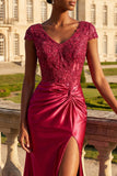 Burgundy Ruched Mermaid Lace Up Back Long Prom Dress with Slit