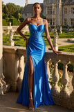 Royal Blue Mermaid Beaded Corset Long Prom Dress with Slit