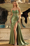 Grass Green Beaded Sheer Corset Mermaid Long Prom Dress with Slit
