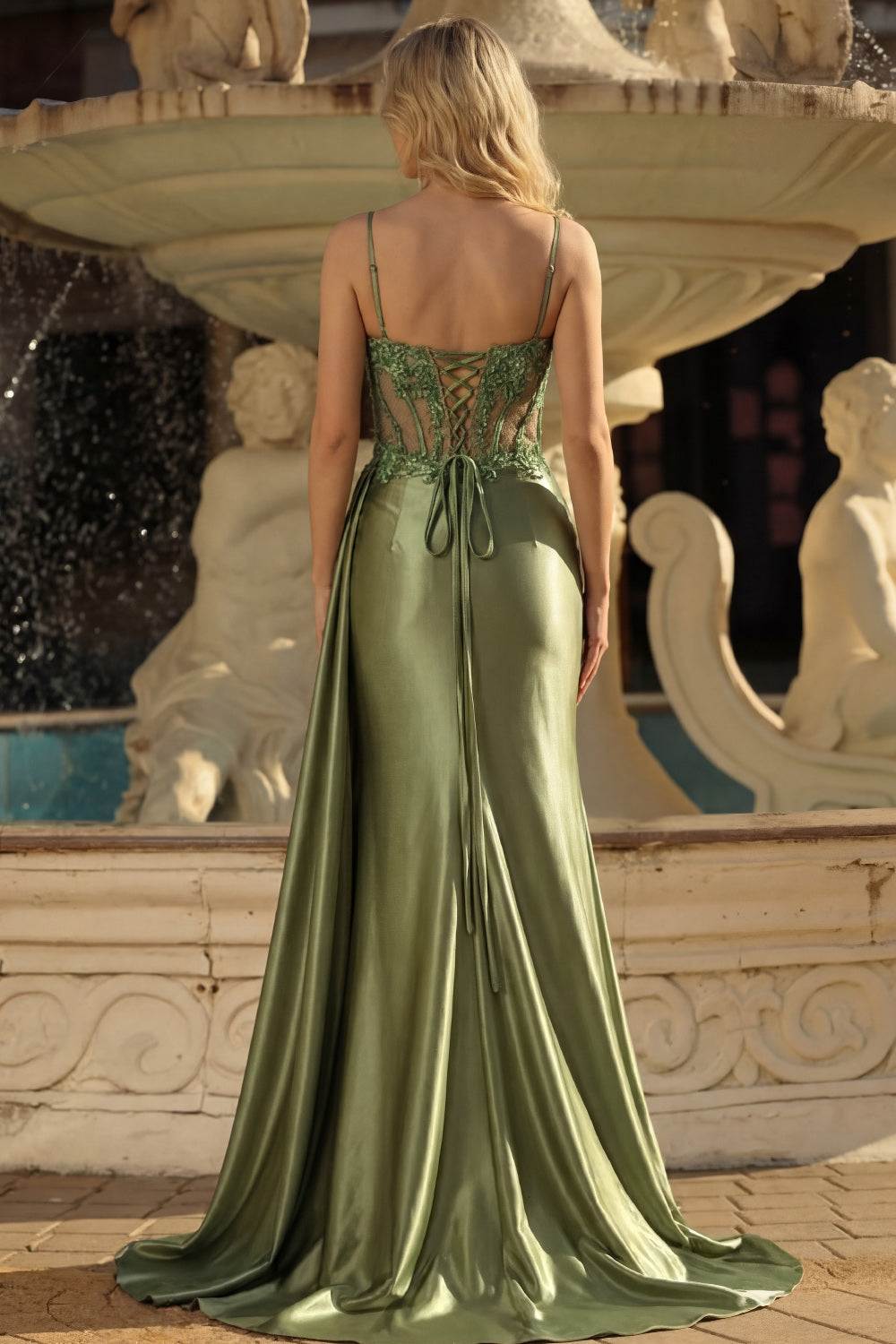 Zapaka Women Grass Green Mermaid Long Prom Dress with Slit Spaghetti Straps  Sheer Corset Beaded Evening Dress with Lace Up Back – ZAPAKA UK