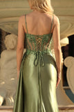 Grass Green Beaded Sheer Corset Mermaid Long Prom Dress with Slit