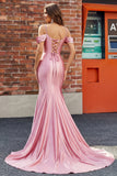Blush Cold Shoulder Mermaid Ruched Satin Long Prom Dress with Slit