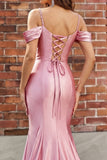 Blush Cold Shoulder Mermaid Ruched Satin Long Prom Dress with Slit