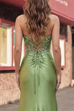 Green Corset Mermaid Spaghetti Straps Satin Long Prom Dress with Slit