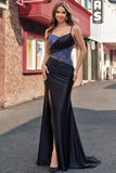 Black Mermaid Beaded Lace Up Back Long Prom Dress with Slit