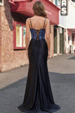 Black Mermaid Beaded Lace Up Back Long Prom Dress with Slit