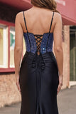Black Mermaid Beaded Lace Up Back Long Prom Dress with Slit