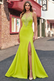 Mermaid Yellow Round Neck Long Prom Dress with Slit