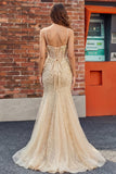 Champagne Sequin Mermaid Sheer Corset Long Prom Dress