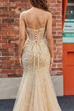 Champagne Sequin Mermaid Sheer Corset Long Prom Dress