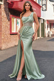 Green Mermaid Corset Ruched Long Prom Dress with Slit