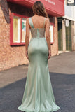 Green Mermaid Corset Ruched Long Prom Dress with Slit