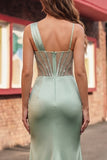 Green Mermaid Corset Ruched Long Prom Dress with Slit