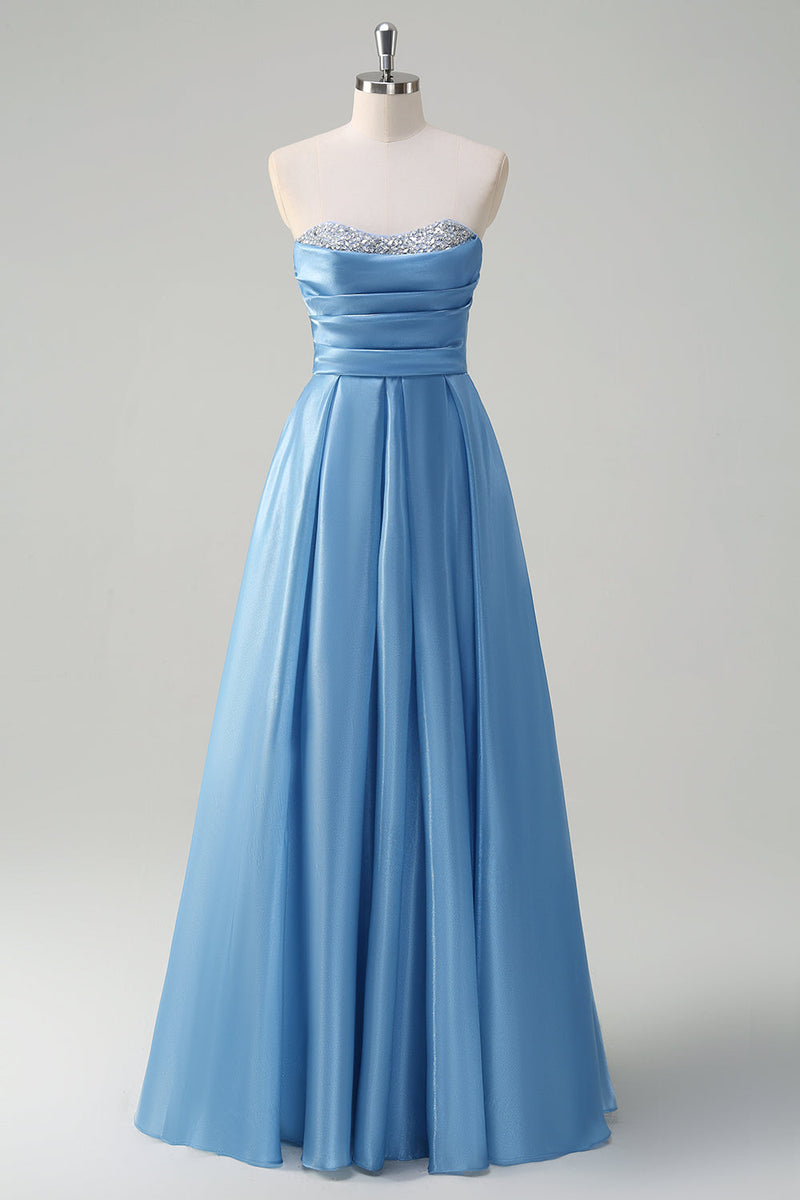 Load image into Gallery viewer, Blue A Line Strapless Pleated Corset Tiered Long Prom Dress with Sequins