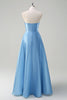 Load image into Gallery viewer, Blue A Line Strapless Pleated Corset Tiered Long Prom Dress with Sequins