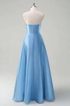 Blue A Line Strapless Pleated Corset Tiered Long Prom Dress with Sequins