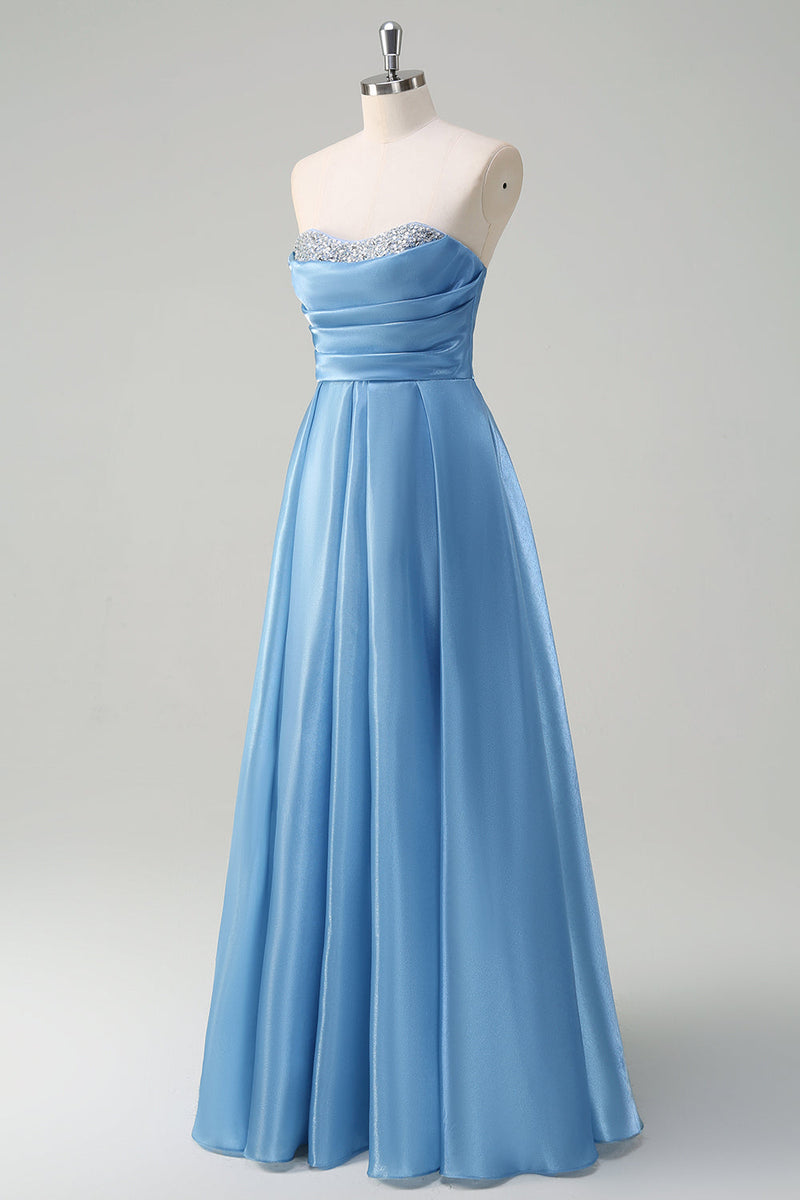 Load image into Gallery viewer, Blue A Line Strapless Pleated Corset Tiered Long Prom Dress with Sequins