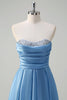 Load image into Gallery viewer, Blue A Line Strapless Pleated Corset Tiered Long Prom Dress with Sequins