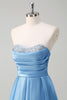 Load image into Gallery viewer, Blue A Line Strapless Pleated Corset Tiered Long Prom Dress with Sequins