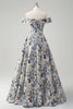 Load image into Gallery viewer, Sparkly Blue Flower Princess Off The Shoulder Ruched Long Prom Dress with Slit