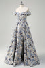 Load image into Gallery viewer, Sparkly Blue Flower Princess Off The Shoulder Ruched Long Prom Dress with Slit