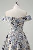 Load image into Gallery viewer, Sparkly Blue Flower Princess Off The Shoulder Ruched Long Prom Dress with Slit