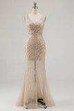 Sparkly Gold Mermaid V-Neck Sequin Prom Dress with Slit