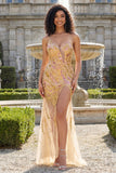 Sparkly Gold Mermaid Spaghetti Straps Long Sequin Prom Dress with Slit